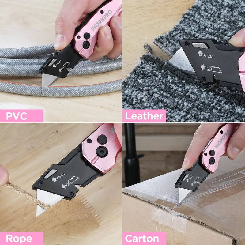 WORKPRO Pink Klappbarer Allzweckmesser aus Aluminium mit 10 zusätzlichen Klingen – Pink Ribbon
