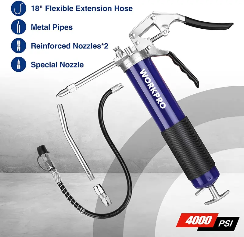 WORKPRO-Pistolen-Grease-Gun-Set mit 45-cm-flexibler Schlauchleitung, 2 festen Rohren und 3 Düsen, Fassungsvermögen: 420 ml, Druckfestigkeit bis 275 bar