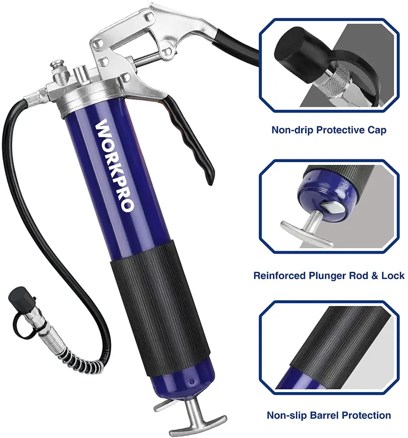 WORKPRO-Pistolen-Grease-Gun-Set mit 45-cm-flexibler Schlauchleitung, 2 festen Rohren und 3 Düsen, Fassungsvermögen: 420 ml, Druckfestigkeit bis 275 bar