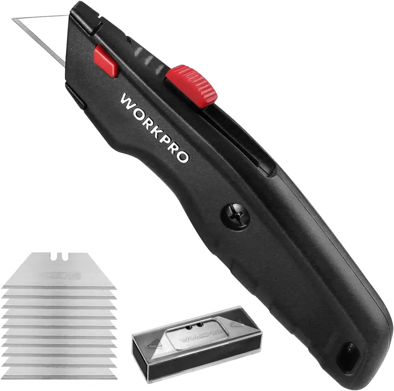WORKPRO Premium-Universal-Messer, einziehbares, robustes Allmetall-Kartonmesser, Rasiermesser mit schnellem Klingentausch und 10 Ersatzklingen 2