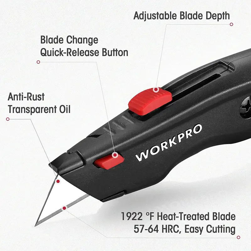 WORKPRO Premium-Universal-Messer, einziehbares, robustes Allmetall-Kartonmesser, Rasiermesser mit schnellem Klingentausch und 10 Ersatzklingen