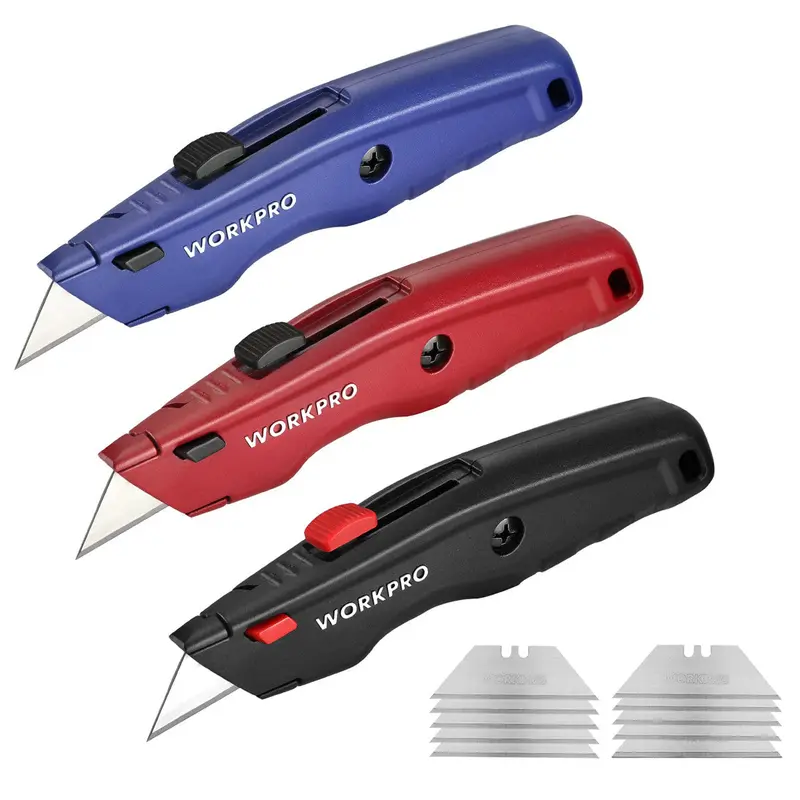 WORKPRO Premium-Universal-Messer, einziehbares, robustes Allmetall-Kartonmesser, Rasiermesser mit schnellem Klingentausch und 10 Ersatzklingen