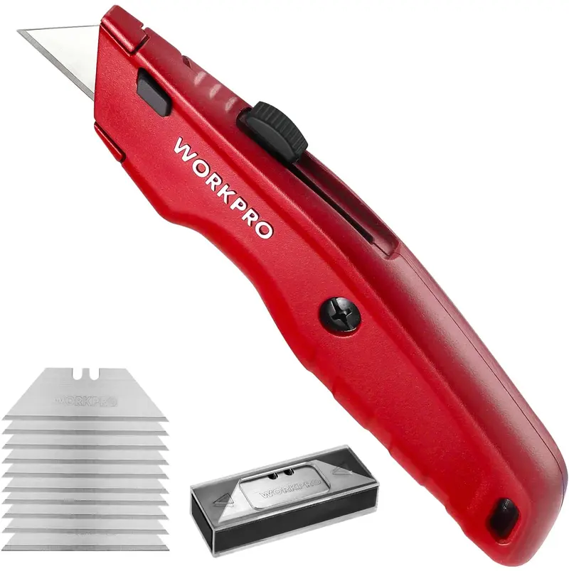 WORKPRO Premium-Universal-Messer, einziehbares, robustes Allmetall-Kartonmesser, Rasiermesser mit schnellem Klingentausch und 10 Ersatzklingen