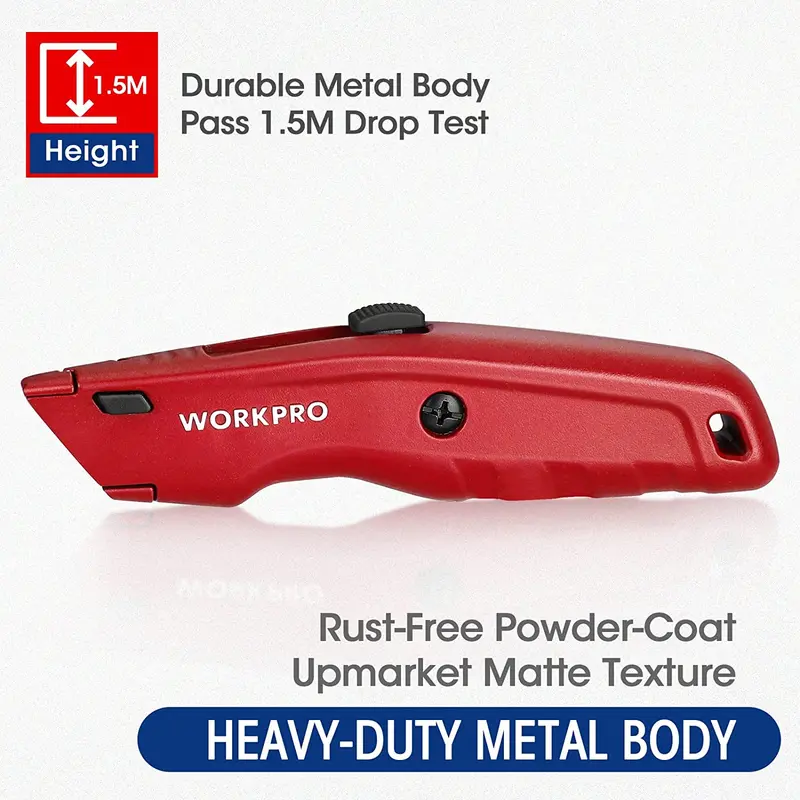 WORKPRO Premium-Universal-Messer, einziehbares, robustes Allmetall-Kartonmesser, Rasiermesser mit schnellem Klingentausch und 10 Ersatzklingen