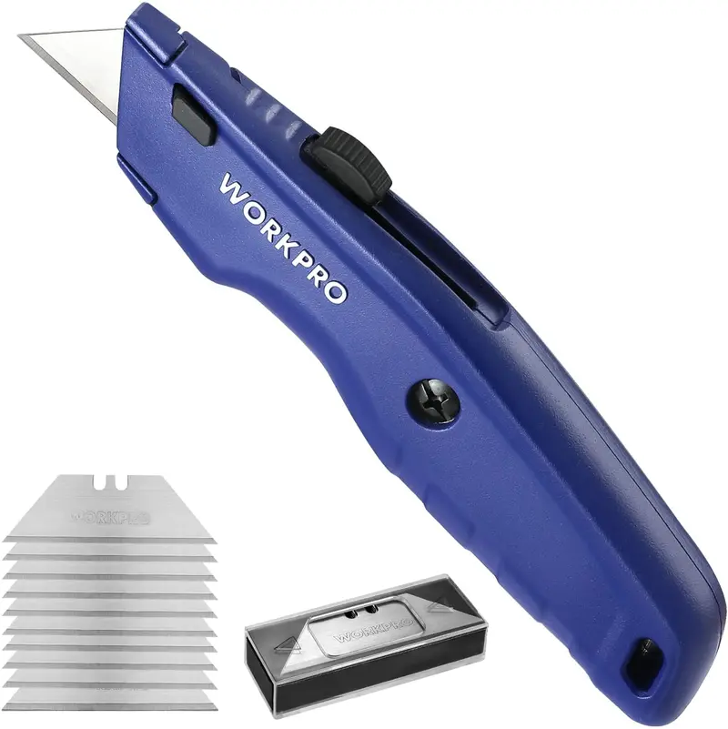 WORKPRO Premium-Universal-Messer, einziehbares, robustes Allmetall-Kartonmesser, Rasiermesser mit schnellem Klingentausch und 10 Ersatzklingen