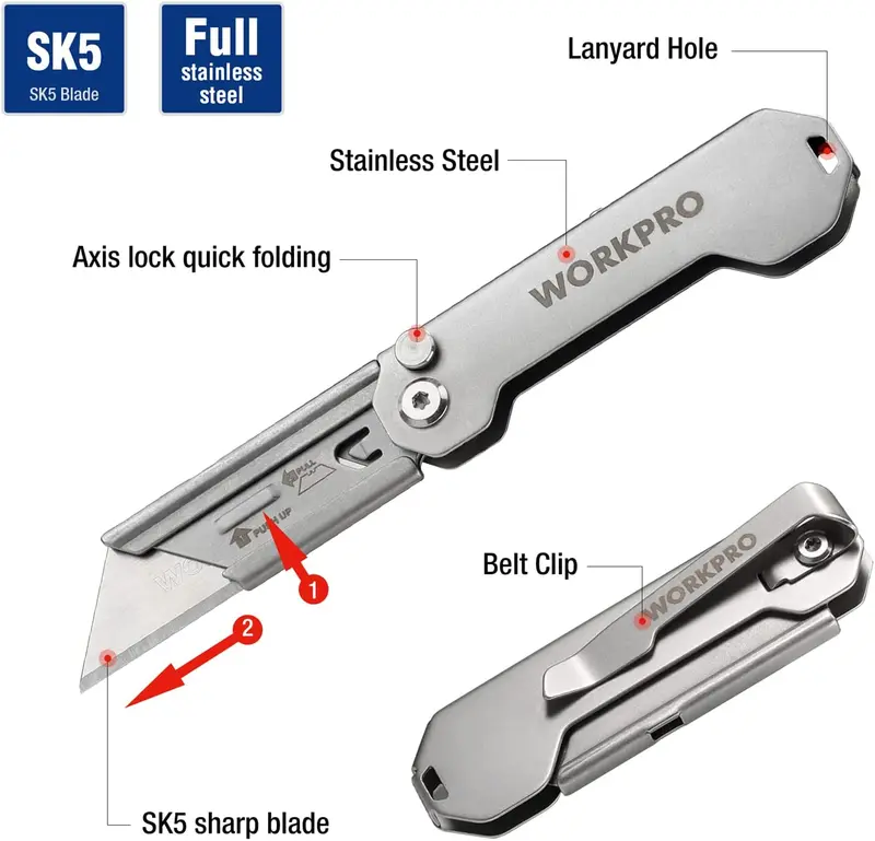 WORKPRO Schnellwechsel-Taschenmesser mit Klappfunktion – Mini-Klappmesser aus rostfreiem Stahl mit Gürtelclip