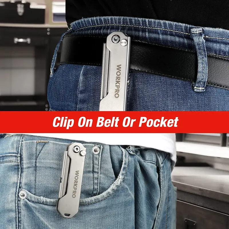 WORKPRO Schnellwechsel-Taschenmesser mit Klappfunktion – Mini-Klappmesser aus rostfreiem Stahl mit Gürtelclip