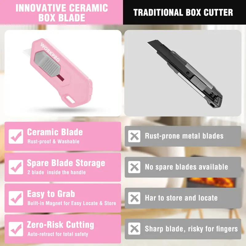 WORKPRO Sicherheits-Cutter mit Keramik-Klinge und Magnetverschluss, inkl. 2 Klingen, Rosa