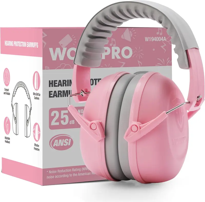 WORKPRO Sicherheits-Ohrstöpsel, Schalldämmung 25 dB, Geräuschunterdrückende Kopfhörer für Kinder – Rosa Band