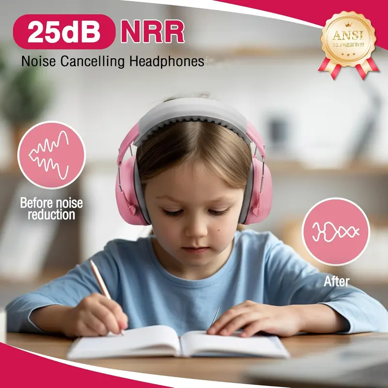 WORKPRO Sicherheits-Ohrstöpsel, Schalldämmung 25 dB, Geräuschunterdrückende Kopfhörer für Kinder – Rosa Band 2