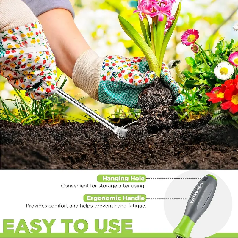 WORKPRO Unkrautstecher „Löwenzahn“ 29 cm mit weichem Griff, hochglanzpolierter Edelstahl-Garten-Unkrautentferner, zweizinkiger Gabel-Unkrautstecher für Rasen, Ackerland, Umpflanzen und Gartenarbeit