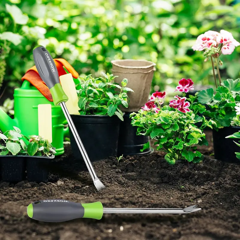 WORKPRO Unkrautstecher „Löwenzahn“ 29 cm mit weichem Griff, hochglanzpolierter Edelstahl-Garten-Unkrautentferner, zweizinkiger Gabel-Unkrautstecher für Rasen, Ackerland, Umpflanzen und Gartenarbeit