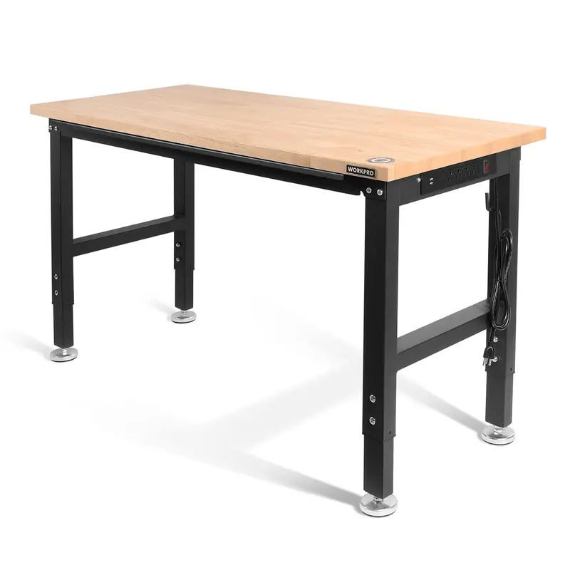 WORKPRO verstellbare Werkbank, 122 cm / 152 cm, Tragfähigkeit bis zu 907 kg, Arbeitsplatte aus Hartholz mit Steckdosen