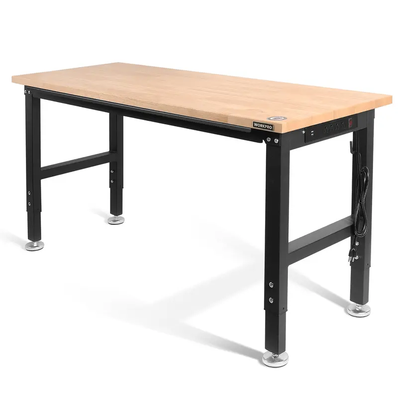 WORKPRO verstellbare Werkbank, 122 cm / 152 cm, Tragfähigkeit bis zu 907 kg, Arbeitsplatte aus Hartholz mit Steckdosen