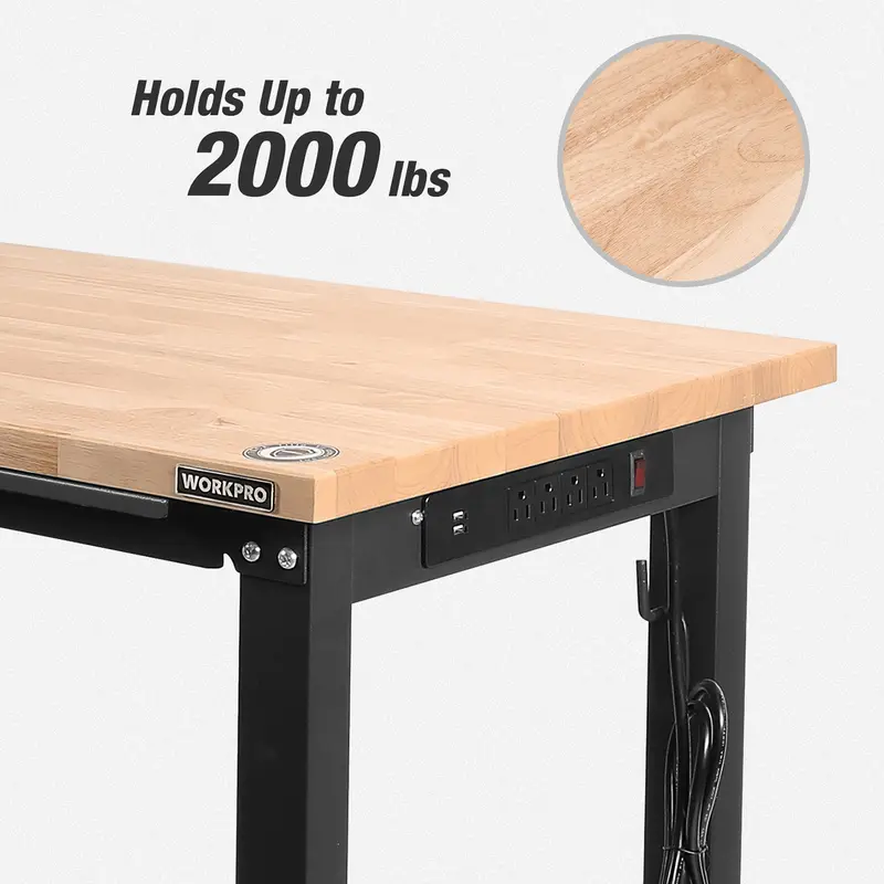 WORKPRO verstellbare Werkbank, 122 cm / 152 cm, Tragfähigkeit bis zu 907 kg, Arbeitsplatte aus Hartholz mit Steckdosen