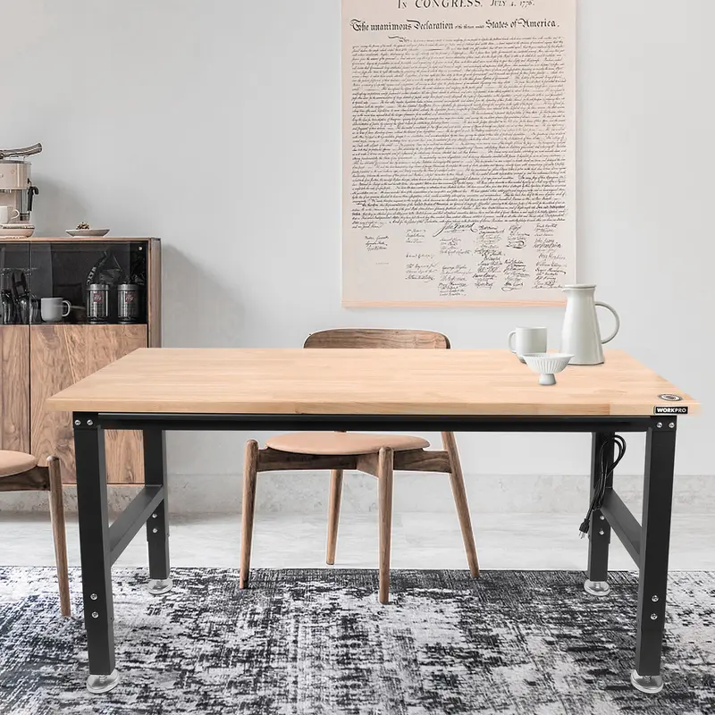 WORKPRO verstellbare Werkbank, 122 cm / 152 cm, Tragfähigkeit bis zu 907 kg, Arbeitsplatte aus Hartholz mit Steckdosen