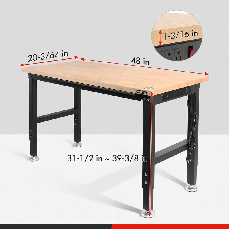 WORKPRO verstellbare Werkbank, 122 cm / 152 cm, Tragfähigkeit bis zu 907 kg, Arbeitsplatte aus Hartholz mit Steckdosen