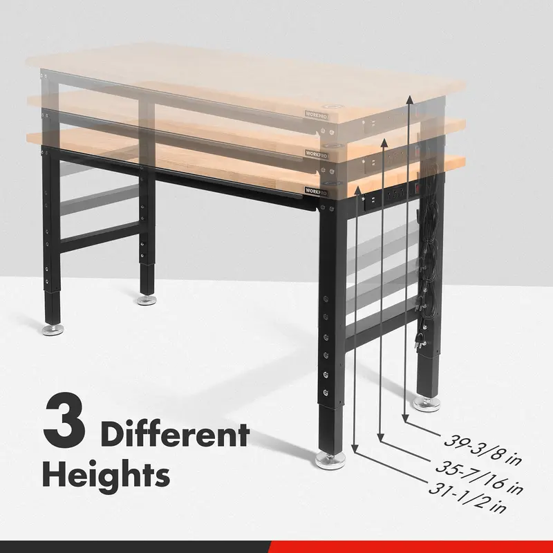 WORKPRO verstellbare Werkbank, 122 cm / 152 cm, Tragfähigkeit bis zu 907 kg, Arbeitsplatte aus Hartholz mit Steckdosen