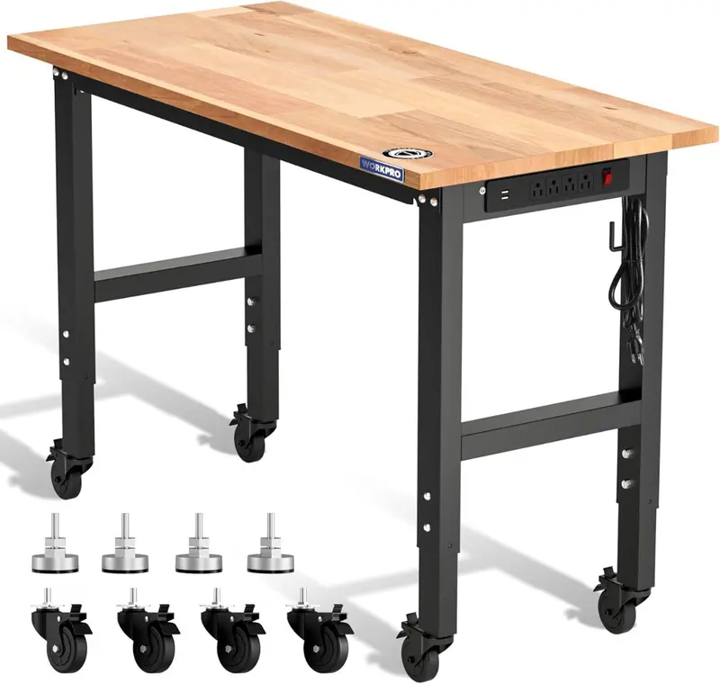 WORKPRO verstellbare Werkbank mit Gummiholz-Arbeitsplatte, 122 cm × 56 cm, Rollen, Höhenverstellfüßen und Steckdosen, Tragfähigkeit bis 680 kg