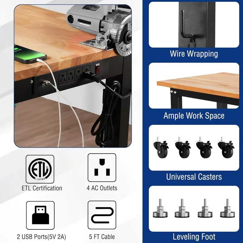 WORKPRO verstellbare Werkbank mit Gummiholz-Arbeitsplatte, 122 cm × 56 cm, Rollen, Höhenverstellfüßen und Steckdosen, Tragfähigkeit bis 680 kg 2