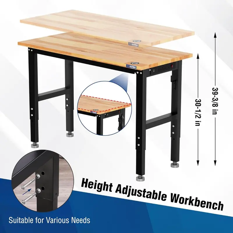 WORKPRO verstellbare Werkbank mit Gummiholz-Arbeitsplatte, 122 cm × 56 cm, Rollen, Höhenverstellfüßen und Steckdosen, Tragfähigkeit bis 680 kg