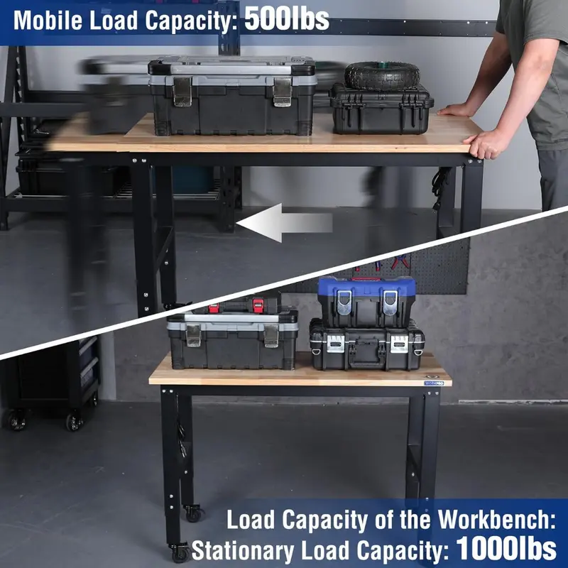 WORKPRO verstellbare Werkbank mit Gummiholz-Arbeitsplatte, 122 cm × 56 cm, Rollen, Höhenverstellfüßen und Steckdosen, Tragfähigkeit bis 680 kg