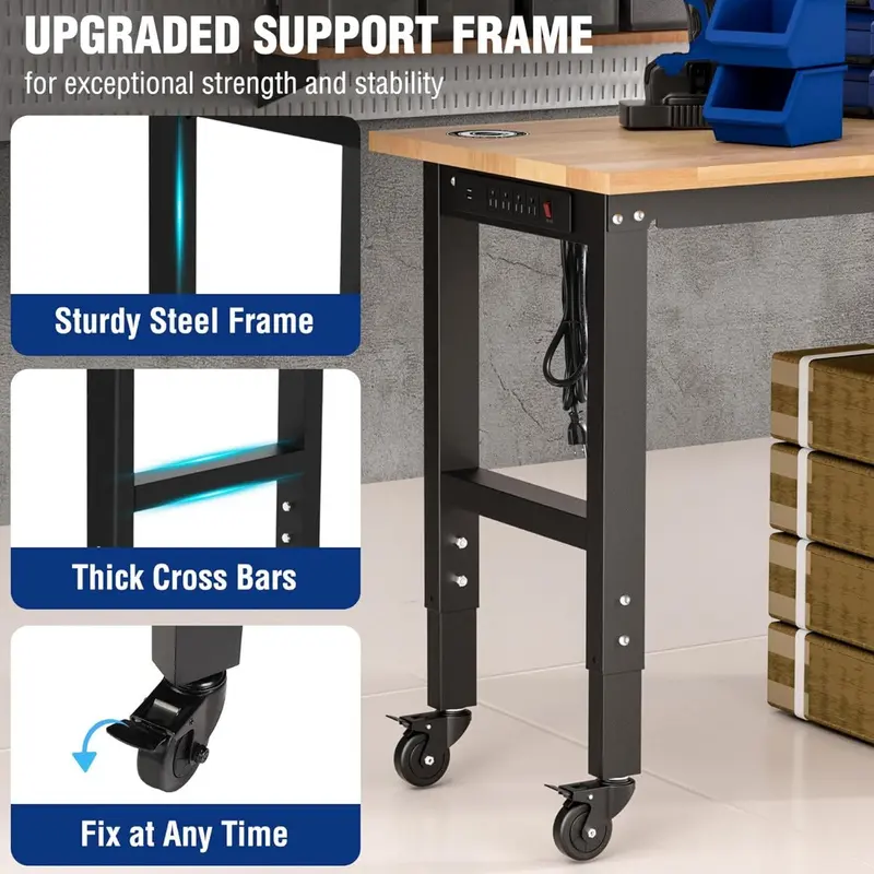 WORKPRO verstellbare Werkbank mit Gummiholz-Arbeitsplatte, 122 cm × 56 cm, Rollen, Höhenverstellfüßen und Steckdosen, Tragfähigkeit bis 680 kg