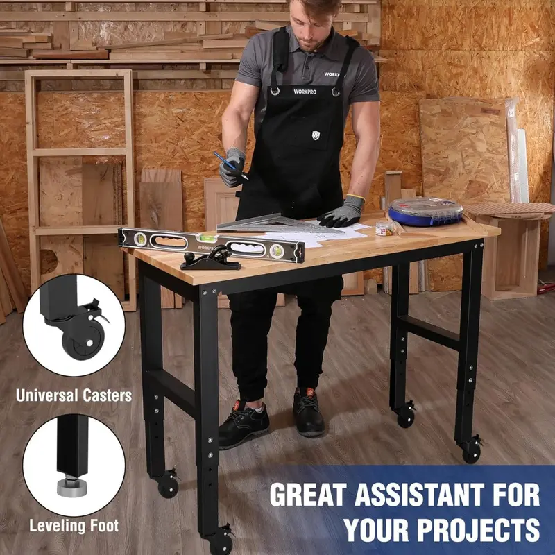 WORKPRO verstellbare Werkbank mit Gummiholz-Arbeitsplatte, 122 cm × 56 cm, Rollen, Höhenverstellfüßen und Steckdosen, Tragfähigkeit bis 680 kg