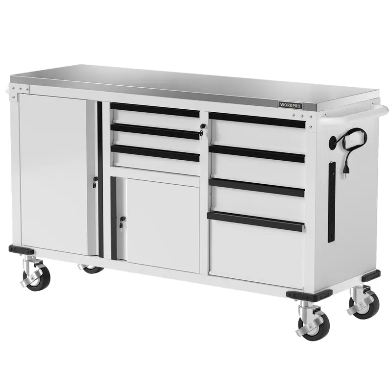 WORKPRO Werkzeug-Schrank mit 7 Schubladen und 2 Türen, 157 cm × 51 cm, auf Rollen, mit Edelstahl-Arbeitsplatte und Verriegelungssystem – Tragfähigkeit bis zu 454 kg