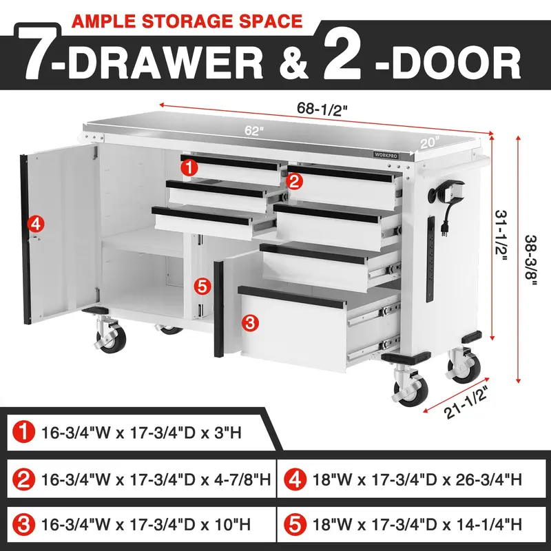 WORKPRO Werkzeug-Schrank mit 7 Schubladen und 2 Türen, 157 cm × 51 cm, auf Rollen, mit Edelstahl-Arbeitsplatte und Verriegelungssystem – Tragfähigkeit bis zu 454 kg 2