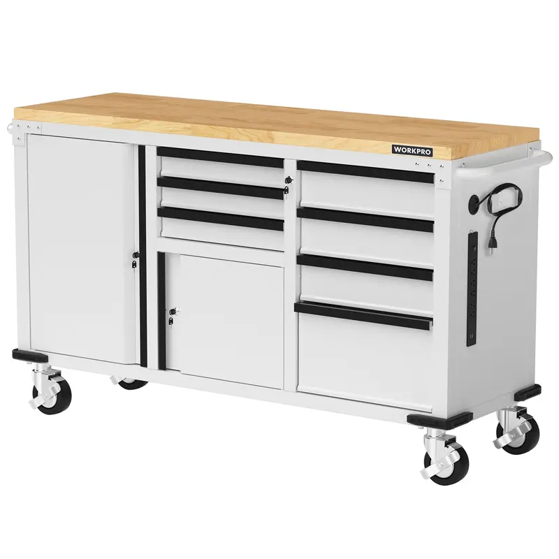WORKPRO Werkzeug-Schrank mit Rollen, 62" x 20", 7 Schubladen und 2 Türen, mit Steckdosenleiste und Verriegelungssystem – Tragfähigkeit bis zu 454 kg