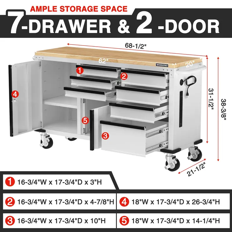 WORKPRO Werkzeug-Schrank mit Rollen, 62" x 20", 7 Schubladen und 2 Türen, mit Steckdosenleiste und Verriegelungssystem – Tragfähigkeit bis zu 454 kg 2
