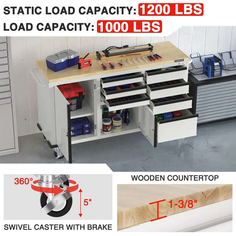 WORKPRO Werkzeug-Schrank mit Rollen, 62" x 20", 7 Schubladen und 2 Türen, mit Steckdosenleiste und Verriegelungssystem – Tragfähigkeit bis zu 454 kg