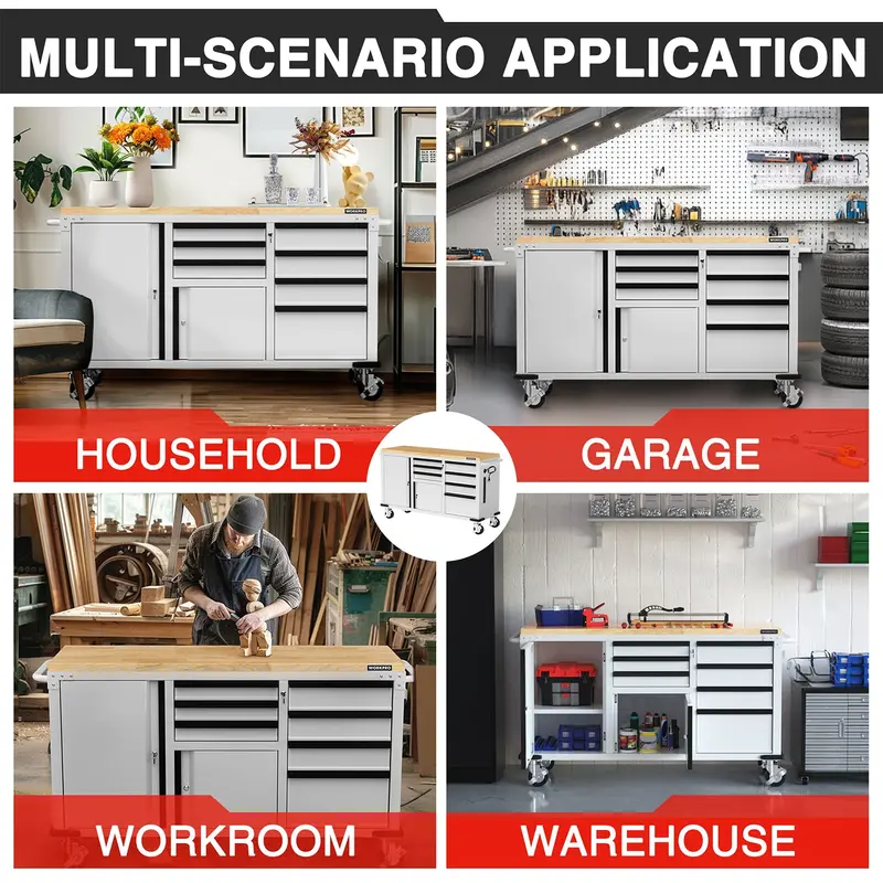 WORKPRO Werkzeug-Schrank mit Rollen, 62" x 20", 7 Schubladen und 2 Türen, mit Steckdosenleiste und Verriegelungssystem – Tragfähigkeit bis zu 454 kg