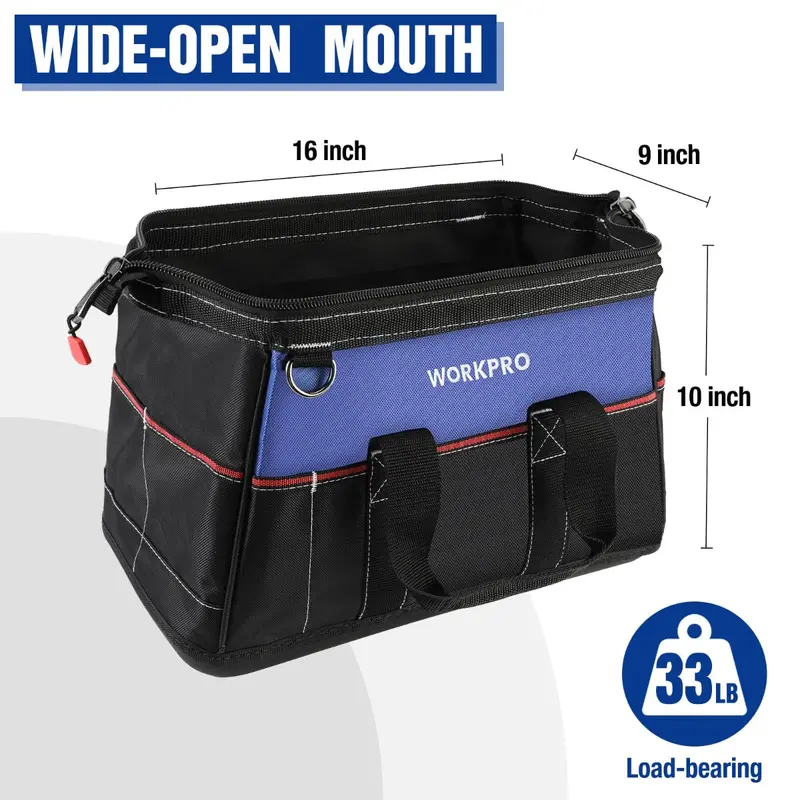 WORKPRO Werkzeugtasche mit extra breitem Eingang, 40 cm (16 Zoll), robuste Stoff-Werkzeugtasche mit wasserdichter, geformter Bodenplatte und verstellbarem Schultergurt 2