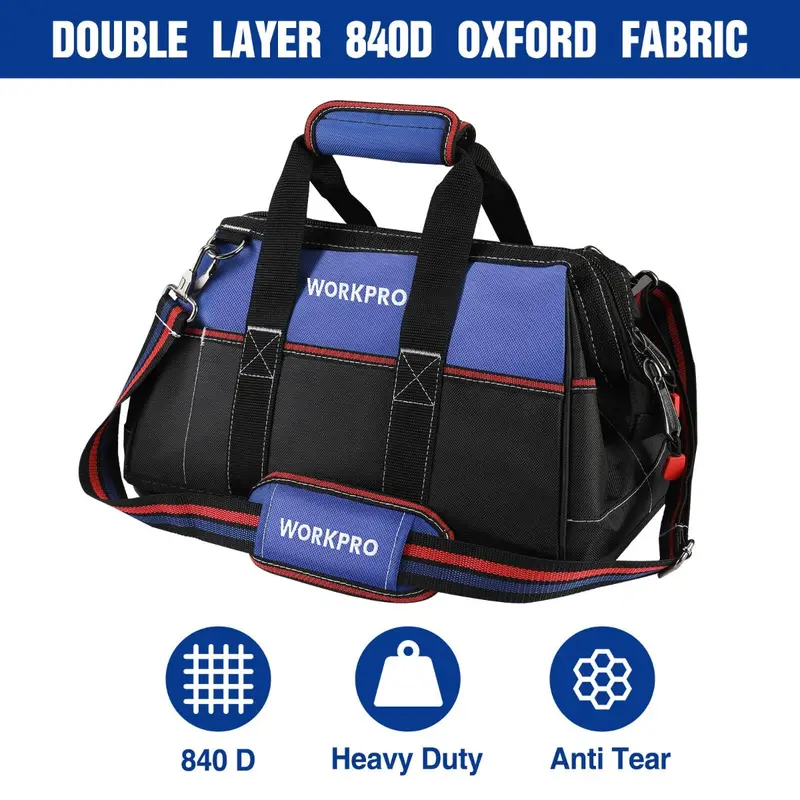 WORKPRO Werkzeugtasche mit extra breitem Eingang, 40 cm (16 Zoll), robuste Stoff-Werkzeugtasche mit wasserdichter, geformter Bodenplatte und verstellbarem Schultergurt