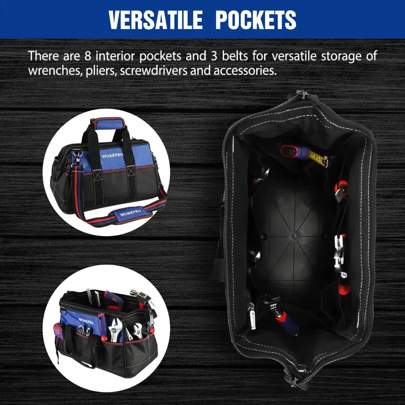 WORKPRO Werkzeugtasche mit extra breitem Eingang, 40 cm (16 Zoll), robuste Stoff-Werkzeugtasche mit wasserdichter, geformter Bodenplatte und verstellbarem Schultergurt