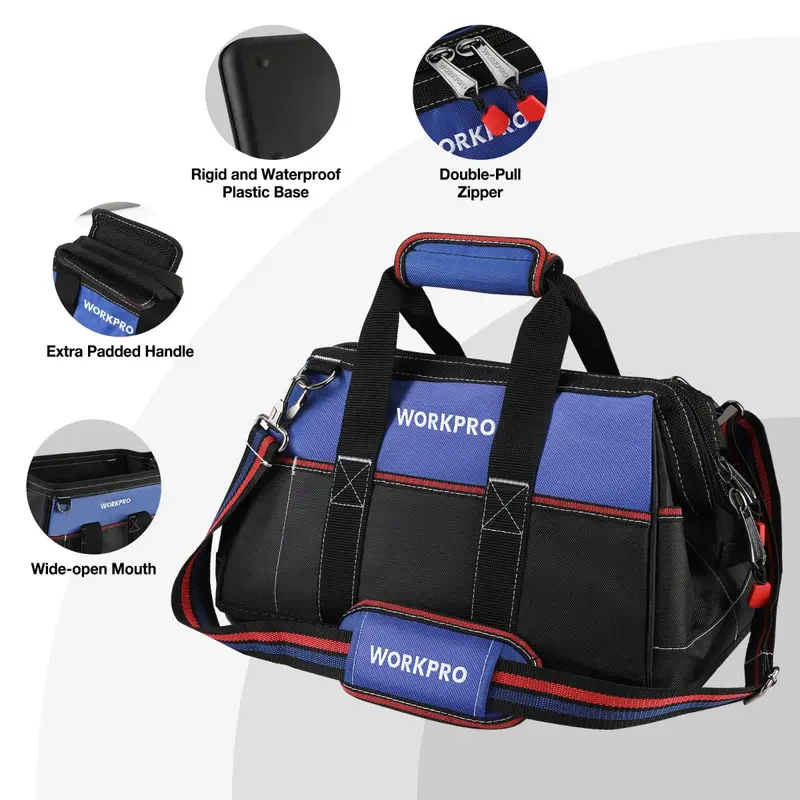 WORKPRO Werkzeugtasche mit extra breitem Eingang, 40 cm (16 Zoll), robuste Stoff-Werkzeugtasche mit wasserdichter, geformter Bodenplatte und verstellbarem Schultergurt