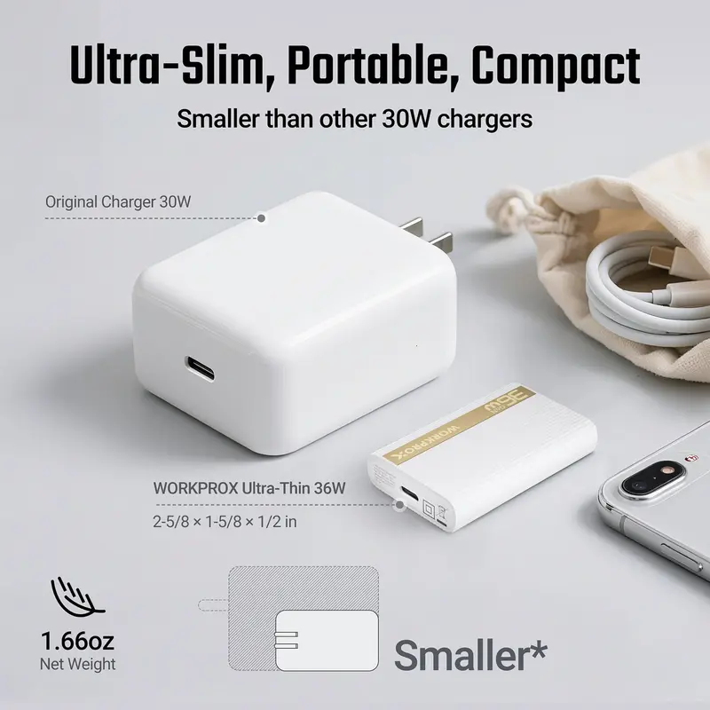 WORKPROX 36 W GaN Ultraflacher Wandladegerät mit klappbarem Stecker und USB-C-Kabel (Schnellladen)