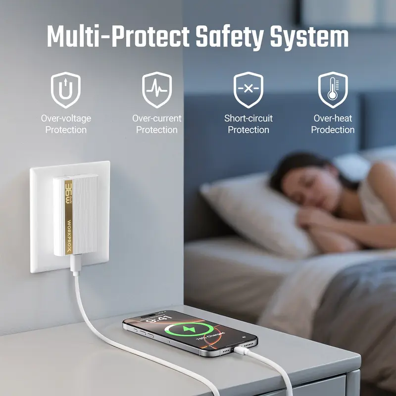 WORKPROX 36 W GaN Ultraflacher Wandladegerät mit klappbarem Stecker und USB-C-Kabel (Schnellladen)
