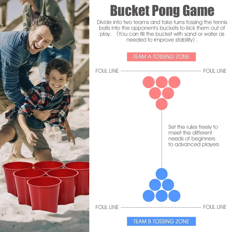 Yard-Pong-Spiel, Riesiges Pong-Spiel-Set mit 12 Eimern, 2 Bällen und einer Tragetasche